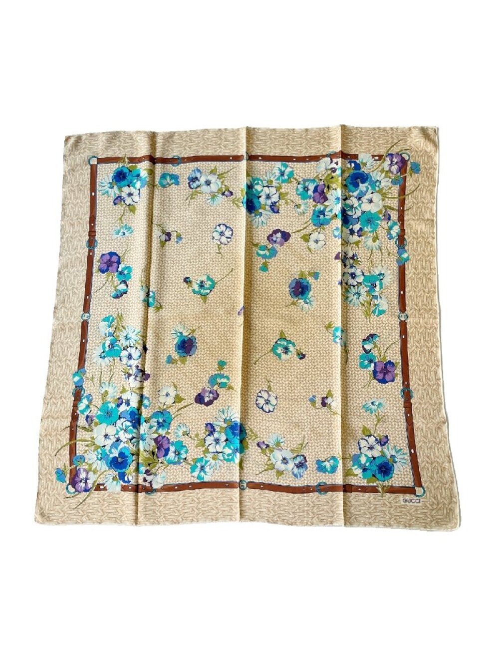 Vintage Gucci Silk Scarf Floral Belt Print Italy 33” Blue Tan Rolled Hem